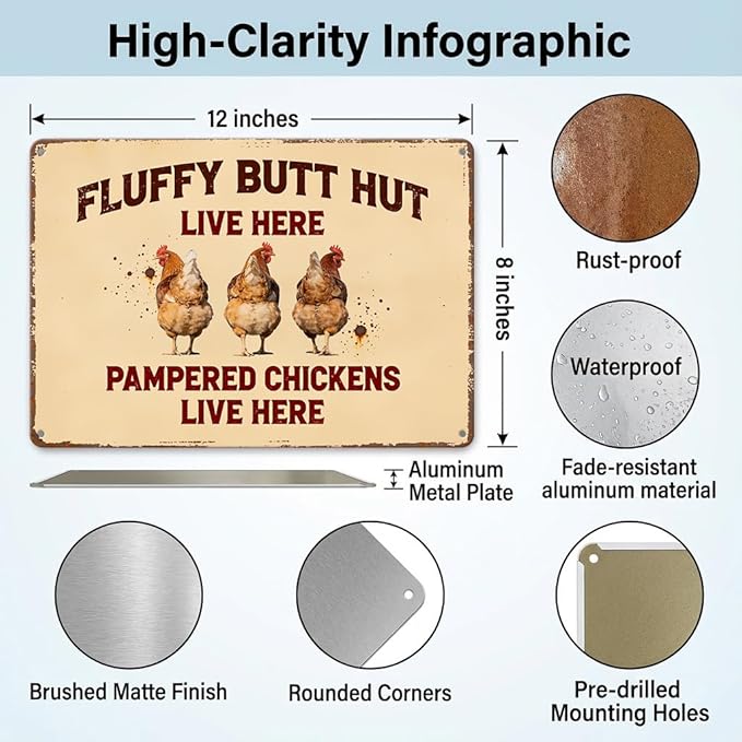 Funny Chicken Metal Sign Outdoor, Aluminum Farmhouse Wall Decor for Coop Door or Yard Area, Fluffy Humor Country Living Style, Rustic 8x12 Inch Gift