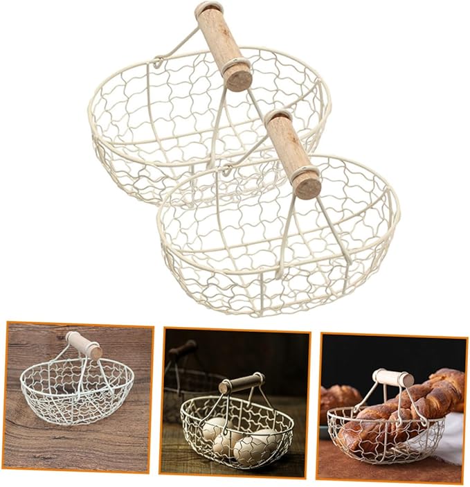 2pcs Rustic Iron Wire Basket with Wooden Handle, Multi-function Farmhouse Style Countertop Fruit and Egg Storage Organizer for Kitchen and Pantry