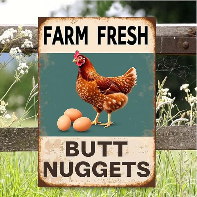 Vintage Metal Signs Chicken Coop Signs for Farm Yard Decor, Farm Tin Signs for Home Kitchen Outdoor Decor, Fresh Butt Nuggets 8x12 inches