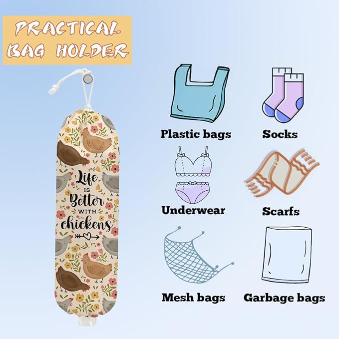 Chicken Flowers Plastic Bag Holder, Wall Mount Grocery Bag Holder, Plastic Storage bag, Storage Organizer Grocery Bags with Drawstring, Chicken Gifts for Women Mom Grandma Animal Lovers