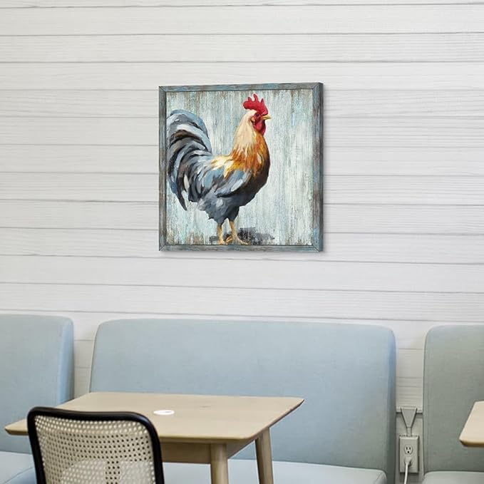 Rooster Wooden Wall Art Decor: Farm Cock Picture Country Animal Framed Artwork Rustic Farmhouse Chicken Painting is the Perfect Combination of Energy Nature for the Kitchen Bedroom 20"x20"