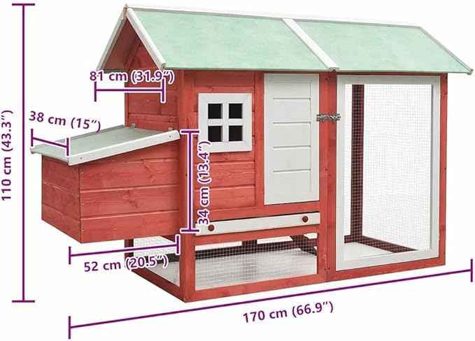 Outdoor Wooden Rabbit Hutch 66.9 x 66.9 x 43.3 in Red Solid Pine Chicken Coop with Pull-Out Tray Ramp Weatherproof Small Animal Cage for Backyard Garden