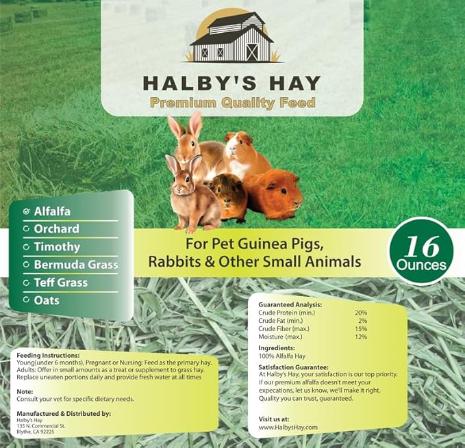HALBY'S HAY, PREMIUM QUALITY FEED™ Premium Alfalfa Flake Hay – 1 lb Box – Farm Fresh, Sun-Cured, Feed for Rabbits, Guinea Pigs, Chinchillas & Small Pets – Soft, Green, Box-Packed USA Grown