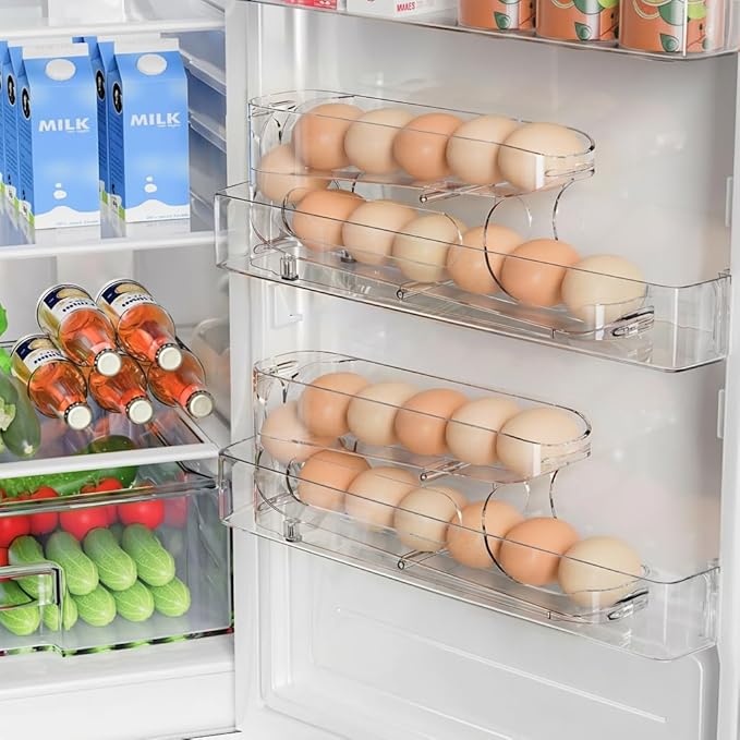 Sotfamily Egg Holder for Fridge, Auto Rolling Egg Storage Organizer for Refrigerator, Clear Space Saving Container, Dispenser - FIFO Egg Roller for Eggs 24 Count