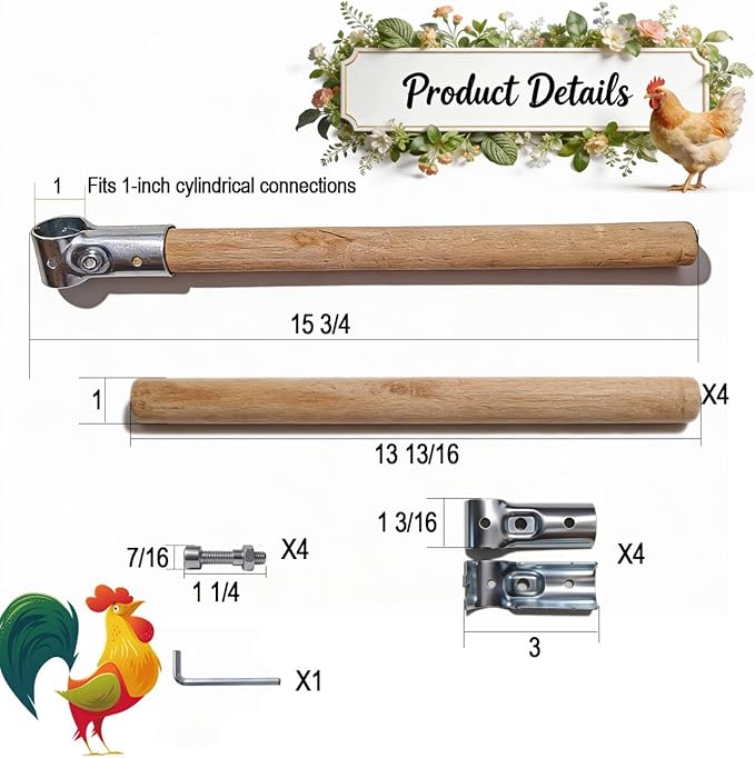 4pack Chicken Roosting Bars with Conectors, Adjustable & Replaceable Wood Bar (13" L)