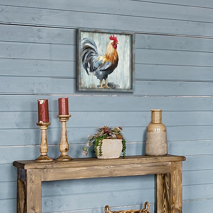 Rooster Wooden Wall Art Decor: Farm Cock Picture Country Animal Framed Artwork Rustic Farmhouse Chicken Painting is the Perfect Combination of Energy Nature for the Kitchen Bedroom 16"x16"