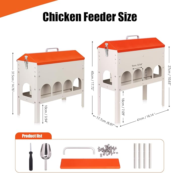 JLUHYANN15Lb Automatic Chicken Feeder, Metal Chicken Feeder with10 Feeding Port and Adjustable Legs No Waste Poultry Feeder Trough for Chickens Geese Ducks Turkeys Quails