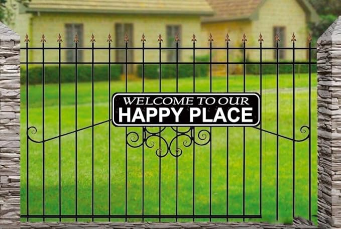 Welcome to Our Happy Place Metal Sign - Rustic Farmhouse Decor for Camper, Cabin, Garden or Home 16x4 Inch