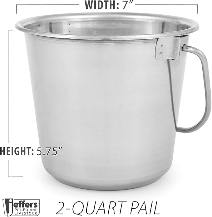 Jeffers Multi Purpose Stainless Steel Round Pail with Handle – Rust Resistant, Non-Toxic Bucket for Water, Feed, Pets, Livestock, Milk, Ice, Mop, Garden, Kennel, Farm, Camping, Storage - 2 Quart