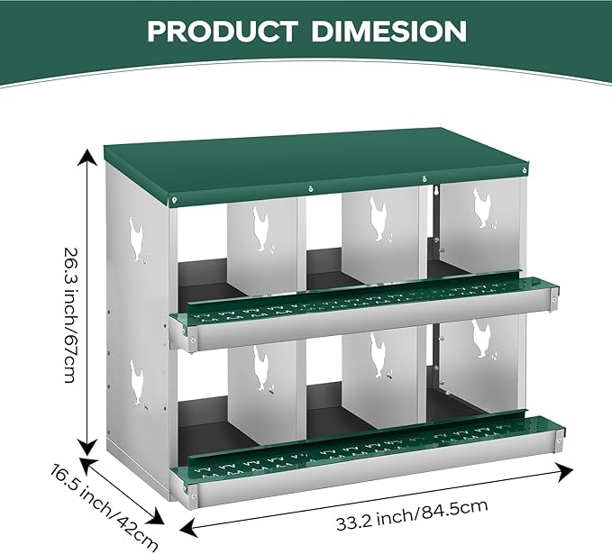 Nesting Boxes for Chickens, 6 Compartments, Nesting Boxes with 4 Dummy Eggs and 10 Dampproof Pets Mats, Green, Stainless Steel, Wall-Mountable & Roll Away Design