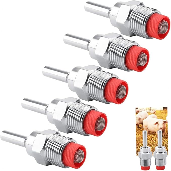 Pig Nipple Drinker Waterer Thread Stainless Steel Pig Waterer Nipple Fountains Drinkers with Red Cap Long Rod for Sows Piglets Drinking Wat 5 pcs