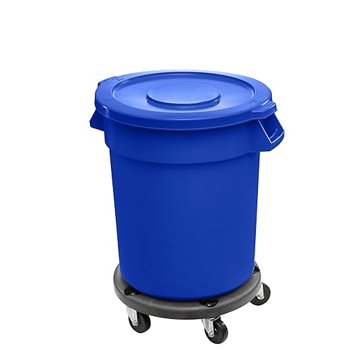 Feed and Seed Storage Container, 32 Gallon Blue Round Commercial Trash Can with Lid and Dolly, Food Storage Plastic Bin, Use in Agricultural, Gardening, or Household