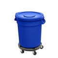 Feed and Seed Storage Container, 32 Gallon Blue Round Commercial Trash Can with Lid and Dolly, Food Storage Plastic Bin, Use in Agricultural, Gardening, or Household