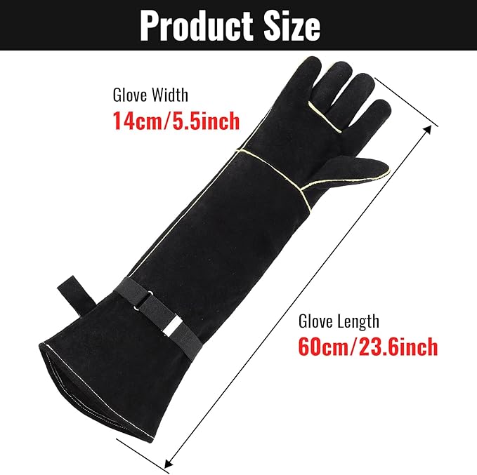 Animal Handling Gloves Bite Proof, Thickened Leather Cat Gloves for Scratching, Falconry, Welding, 23.6 inch Black Yellow
