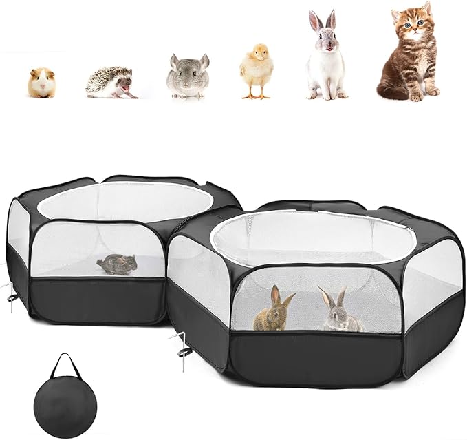 Pawaboo Extra Large 2-in-1 Small Animals Playpen, 2 Detachable Pet Cage Tent with Zipper Splicing, Portable Outdoor Yard Fence with 3 Metal Rod for Chick/Kitten/Puppy/Guinea Pig/Rabbits, Black