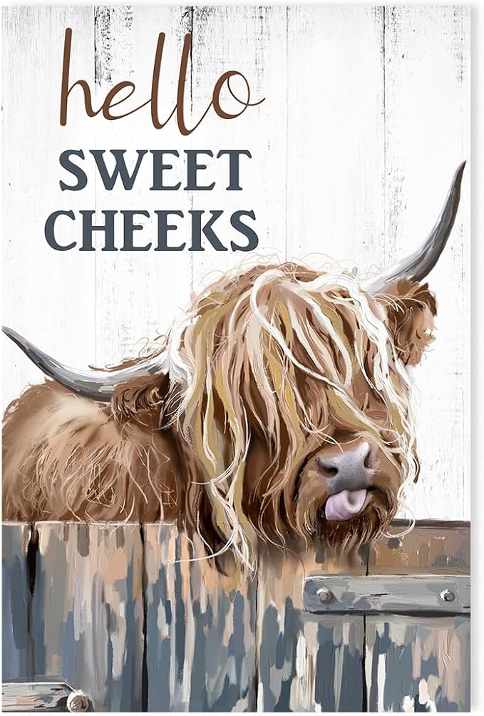 Highland Cow Picture Bathroom Decor: Hello Sweet Cheeks Highland Cow Wall Art Canvas Prints Farmhouse Bathroom Wall Decor, Farm Animal Pictures Cow Paintings Rustic Country Home Decor 8" X 12"