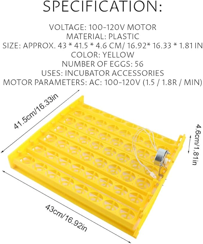 56 Egg Incubator, Automatic and Adjustable Egg Turning, Incubator for Chicken Eggs, for Hatching Poultry Chicken Duck Bird Quail (16.92x16.33x1.81 in Yellow 110V)