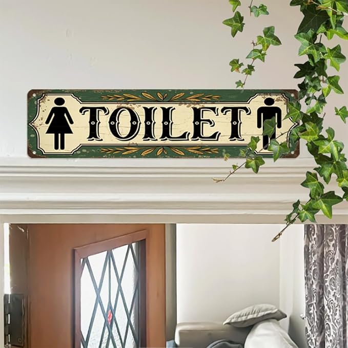 Rustic Bathroom Theme Decorative Sign - ''Toilet'' Metal Sign, 16x4 Inch - Farmhouse Art Plaque Sign For Home, Restroom, Yard, Bar or Cafe, Office Hanging Decor, Retro Room Decor