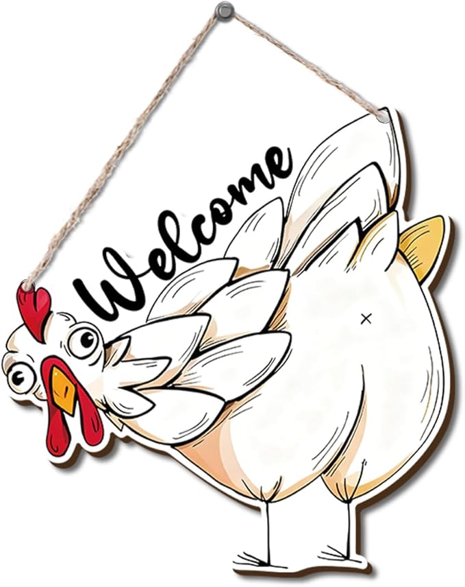Farmhouse Wall Decor, Funny Chicken Welcome Sign, Cartoon Painting Style Farm Animal Wood Hanging Plaque, Rustic Country Wall Art for Kitchen Porch Patio or Coop Door, 9.8x10.1 Inches