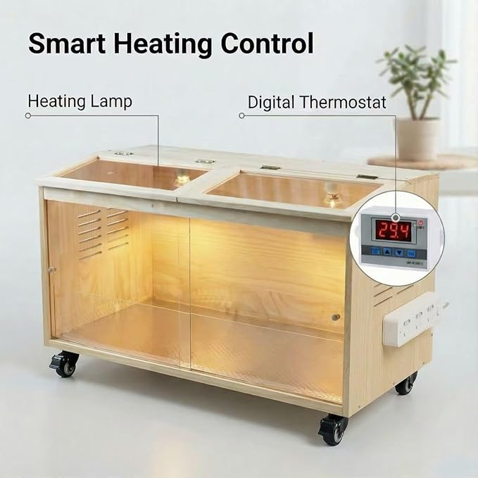Brooder Box for Chicks Pine Wood Chicken brooder Box with Thermostat & Heating Lamp & Brake Casters， Solid Panels Chick brooder for Chicks, Ducklings, Hamsters, Guinea Pigs - Chew-Proof(32x16x16 in)
