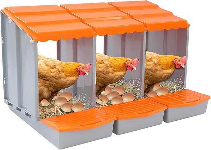Chicken Nesting Box, 3 Compartments PP Nesting Box, Wall Mountable Nesting Boxes with Inclined Top, Drain Holes & Resting Platform for Chicken and Poultry to Collect Eggs
