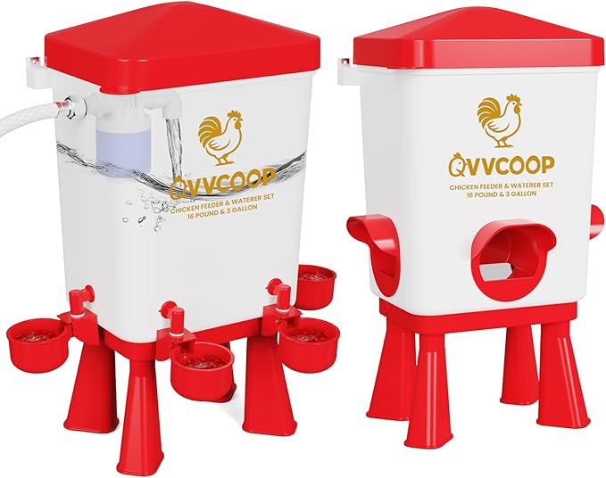 Chicken Feeder, Chicken Waterer with Float Valve, Automatic Poultry Feeder and Waterer Set for Duck Turkey, Chicken Coop Accessories, 3 Gallon Set(Upgraded), Red