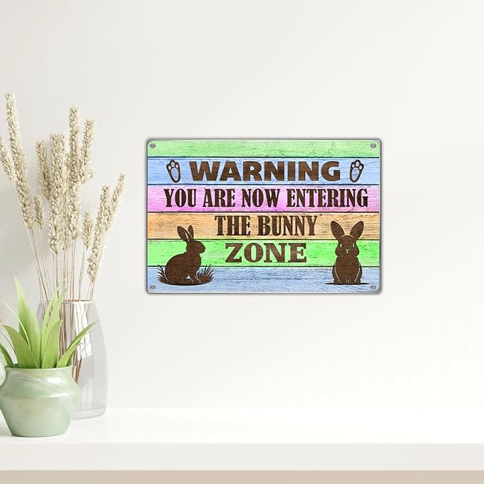 Warning Bunny Zone Metal Sign Funny Rabbit Decor For Lovers And Pet Owners Farmhouse Wall Decoration Easter Accent 12 x 8 Inch Indoor Aluminum Home Vintage Kitchen Art