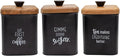 AuldHome Design Farmhouse Black Enamelware Canisters (Set of 3); Storage Containers for Coffee, Tea and Sugar in Black Enamel and Wood Design