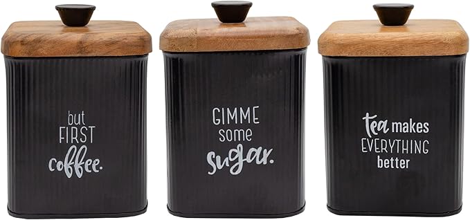 AuldHome Design Farmhouse Black Enamelware Canisters (Set of 3); Storage Containers for Coffee, Tea and Sugar in Black Enamel and Wood Design
