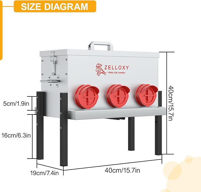 No-Waste Automatic Chicken Feeder, 30 lb Galvanized Metal Poultry Feeders with Adjustable Height, Locking Lid, Feeding Through, Feeder Box Stands for Chicks, Duck, (6 Ports)