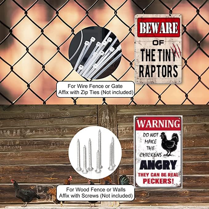 Tiny Raptors Chicken Signs, Funny Metal Tin Signs for Chicken Coop Farm Chicken Feeder Accessories for Chicken Lovers, Retro Yard Sign Wall Decor Gifts for Home, Kitchen, Outdoor (8x12inch)