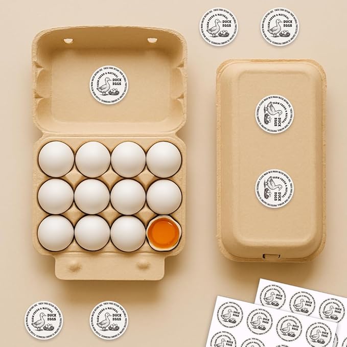320 Pcs Duck Egg Laid on Stickers, 2 Inch Retro Round Farm Fresh Eggs Sticker Round Eggs Stickers PET Adhesive Egg Packaging Sticker for Box Container Carton Farm Supplies