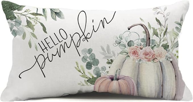 Thanksgiving Day Hello Pumpkin Eucalyptus Leave Throw Pillow Cover 12x20 Inch, Fall Autumn Thankful Harvest Decoration for Home Sofa Couch
