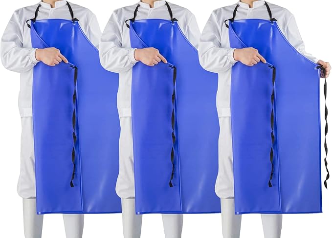 Chemical Resistant Vinyl Apron - Blue Plus Size Unisex PVC Aprons for Dishwashing,Dog Grooming,Gardening,Fish Cleaning,Lab Work（3 Pack）