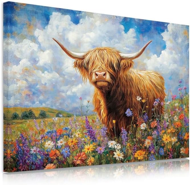Yidepot Highland Cow Canvas Wall Art: Flowers Farmhouse Artwork, Cow Pictures Bedroom Decor Ready to Hang 12x15inch