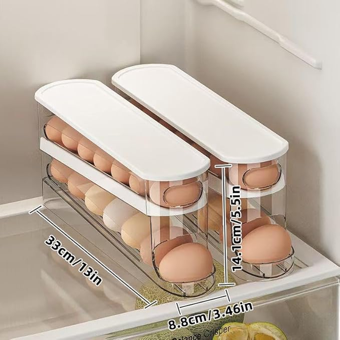 Auto-Rolling Egg Dispenser with Lid - Transparent Fridge Egg Organizer, Space-Saving Refrigerator Storage Box with Slide Design for Side Door, Stackable & Easy Access (1 Pack)