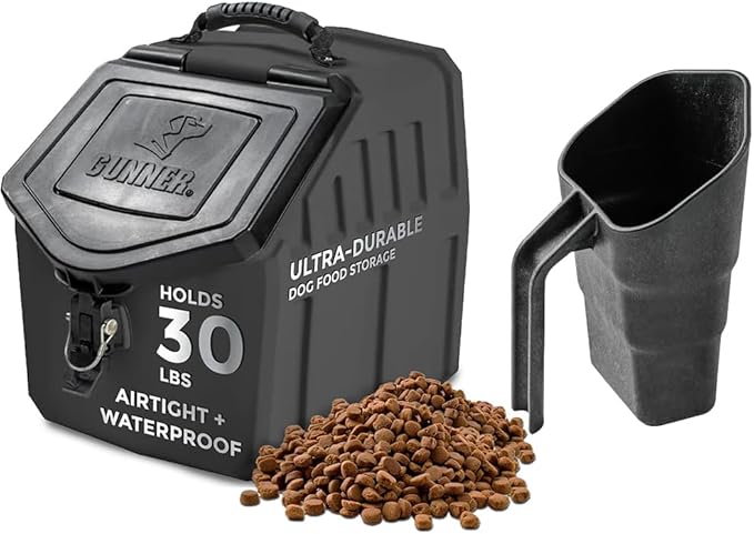 GUNNER 30 lbs Black Dog Food Storage Container with Measuring Scoop – Waterproof & Airtight Pet Food Bin for Dry Food, Corn, Chicken Feed, Bird Seed & Treats – 3 Cup Ergonomic Scooper with Markers