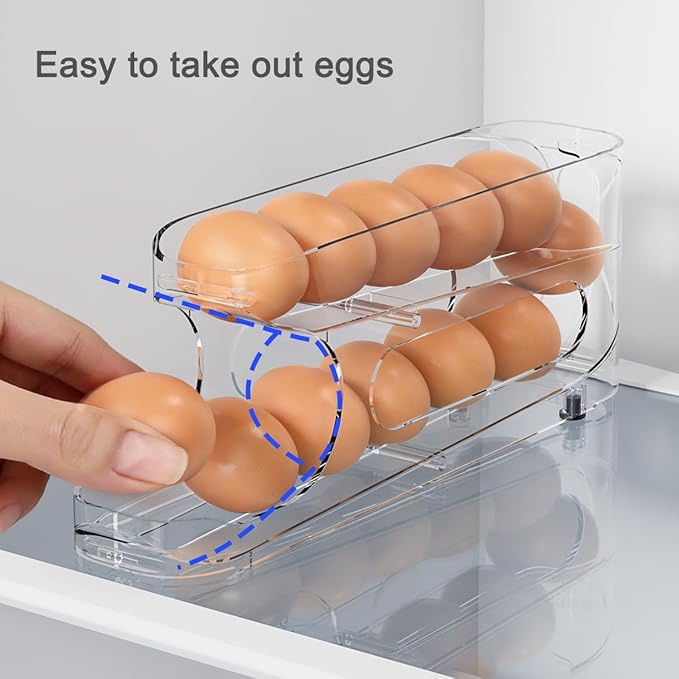 Sotfamily Egg Holder for Fridge, Auto Rolling Egg Storage Organizer for Refrigerator, Clear Space Saving Container, Dispenser - FIFO Egg Roller for Eggs 24 Count