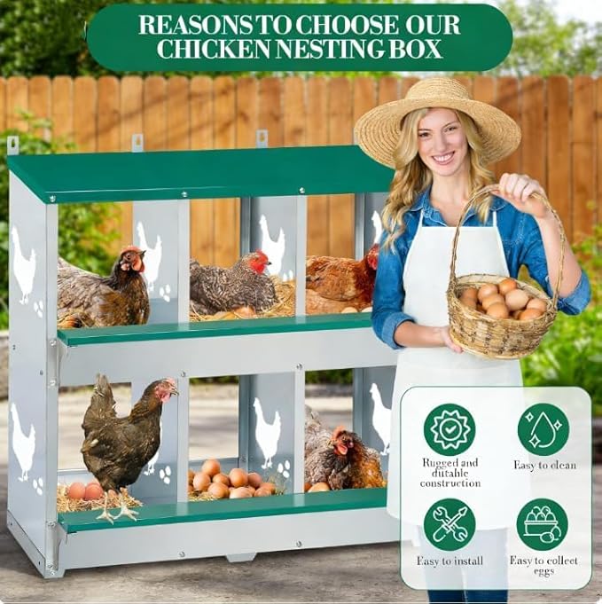 Garvee Large Metal Chicken Nesting Boxes for Hens, 6 Compartment Galvanized Steel Nesting Box with Legs, Includes 4 Fake Eggs & 10 Soft Nest Pads, Wall Mount or Freestanding for Coop & Farm
