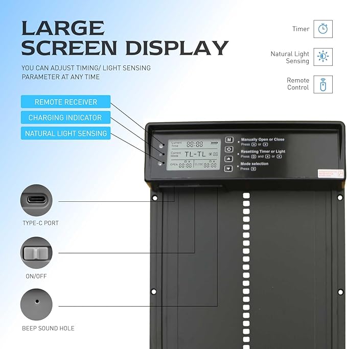 Automatic Chicken Coop Door, Solar Powered Chicken Coops Door with Timer & Light Sensor, LCD Screen, 4 Modes, Remote, Anti-Pinch, Aluminum Alloy Chicken Door