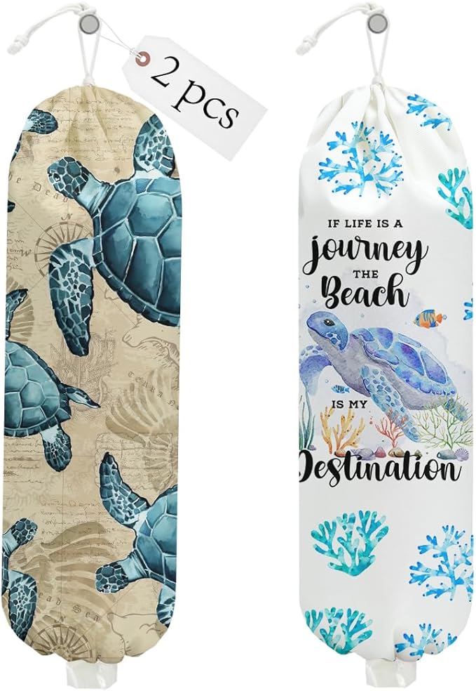2PCS Sea Turtle Plastic Bag Holder, Wall Mount Grocery Bag Holder for Plastic Storage bag, Ocean Theme Storage Organizer Reusable Grocery Bags Kitchen Dispenser, Turtle Gifts for Women Mom Grandma