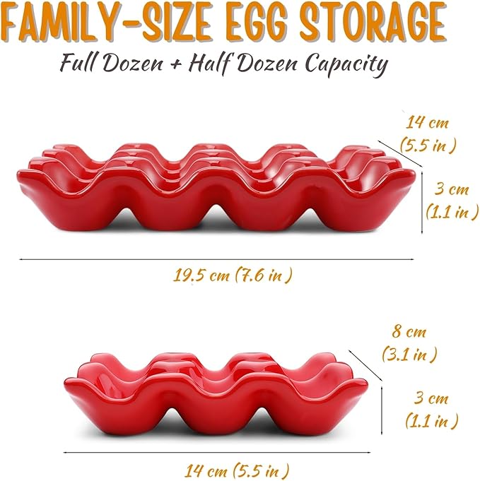 Flexzion 12 + 6 Cups Ceramic Egg Holder for Fridge - 18 Porcelain Egg Tray Container Keeper Storage Organizer Decorative Serving Stand Serveware for Refrigerator Countertop Display Kitchen (Red)