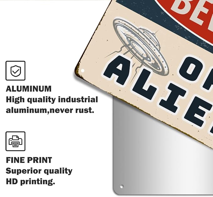 Alien Gifts Vintage Alien Decor Beware of Aliens Funny Aluminium Plate Signs for Home Bedroom Garage Man Cave Shed Indoor&Outdoor Wall Art Decorations Metal Signs