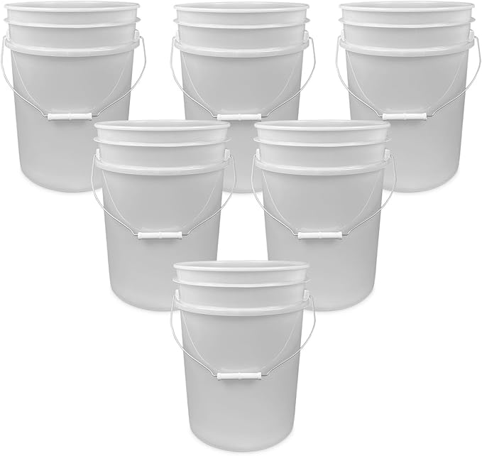 5 Gallon Bucket Only | Made in USA | Food Grade | Durable 90 Mil All Purpose Pail | BPA Free | Premium HPDE | Easy Stack and Store | Lids Not Included (Natural, 6)