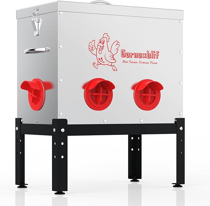 40 LB Large Automatic Chicken Feeder, 6 Port Metal Chicken Feeders, No-Waste Poultry Feeder with Adjustable Legs & Locking Lid, Weatherproof Large Chicken Feeder for Inside Chicken Coops