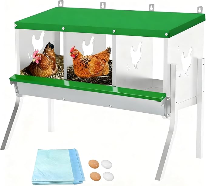 Garvee 3 Compartment Chicken Nesting Box with Legs, Wall Mount/Free Standing Poultry Nest for Chickens, Hens, Ducks, Metal Chicken Laying Boxes with Perch, Secure Lid, Vented Holes, Green