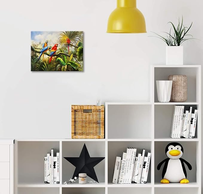 Woxfcart Tropical Macaw Parrot Canvas Wall Art, Colorful Bird Painting for Kids Children Room Bathroom Bedroom Decor, 15 x 12 Inch, Ready to Hang