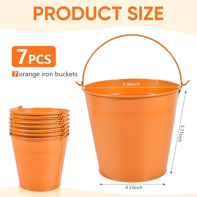 OBTANIM 7 Pack Orange Metal Buckets with Handle Galvanized Ice Pails for Plants, Succulents, Party Favors Organizing, Rustic Home Decor or Classrooms Pencil Storage (6 x 4.4 inch)