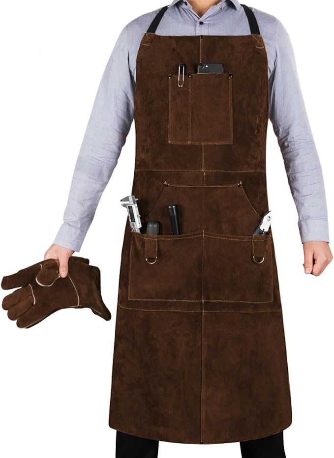 eletecpro Heavy Duty Leather Welding Apron Genuine Cowhide Flame & Heat Resistant Adjustable 42Lx24W with 6 Tool Pockets and Gloves for BBQ, Woodworking, Gardening, Men & Women Gift, Dark Brown
