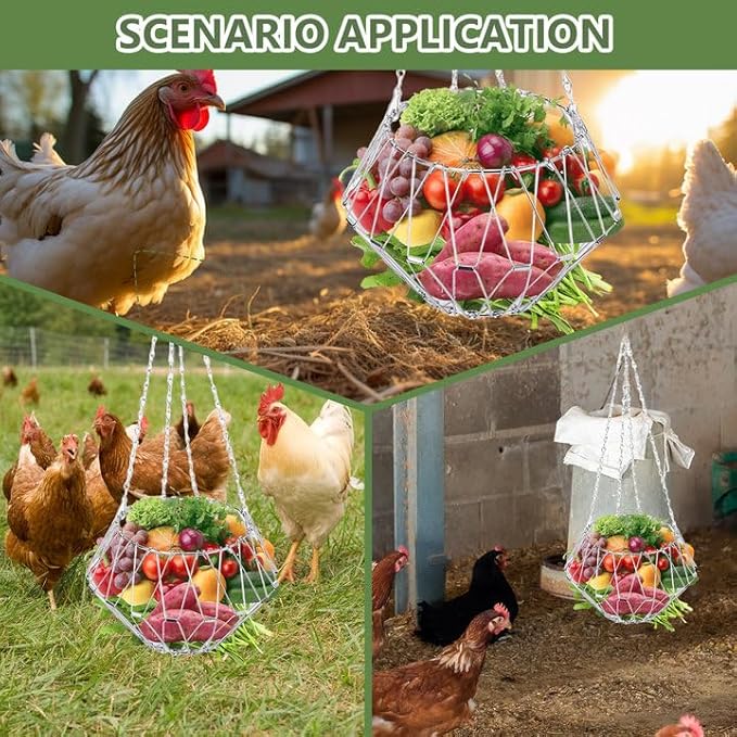 Chicken Vegetable Hanging Feeder, 9.2in Chicken Treat Dispenser, Foldable Chicken Toys for Coop with 4Pcs Hanging Stainless Chain, Veggie Treat Ball for Chicken,Hens,Duck,Rabbit, (1PCS)